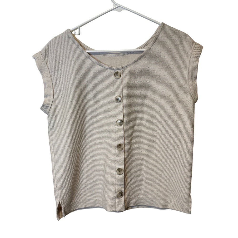 LOFT Button Front Top‎ Womens XS Beige Ribbed Textured Cap Sleeve Scoop Neck